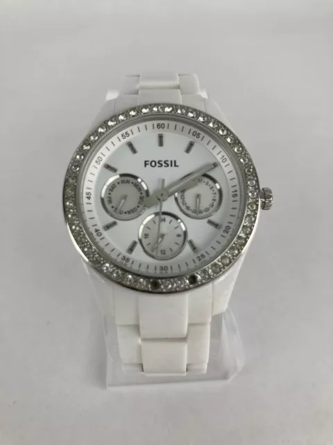 Fossil ES1967 White Crystal Bezel Quartz Watch w/Bracelet *needs battery