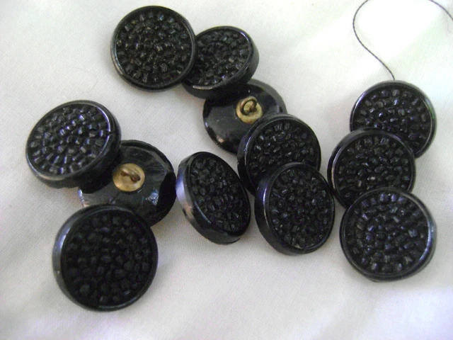 Set of 12 Antique Black Celluloid ? Buttons with Brass Shanks