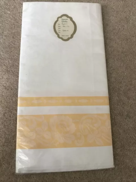 Vintage Unused irish linen damask farmhouse tablecloth yellow Border 52” x 52”