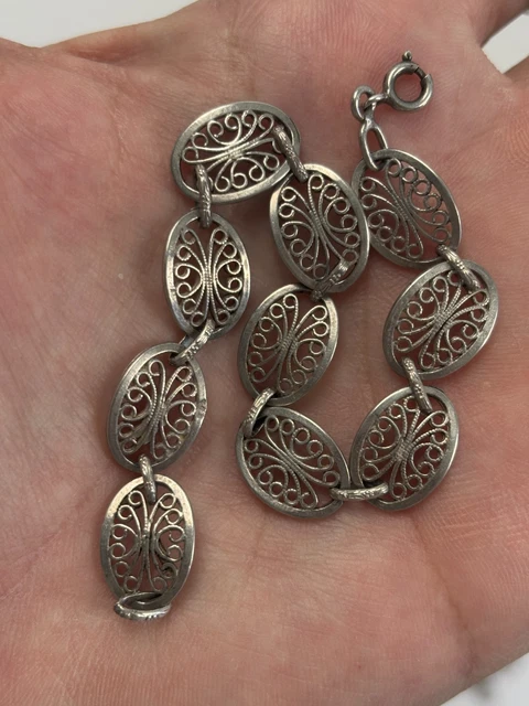 Bijou Ancien Art Nouveau Bracelet Gourmette Ancien En Argent Massif 925 – Style Art Nouveau/Déco, Perles Colorées, Occasion Bracelet En Argent Femme