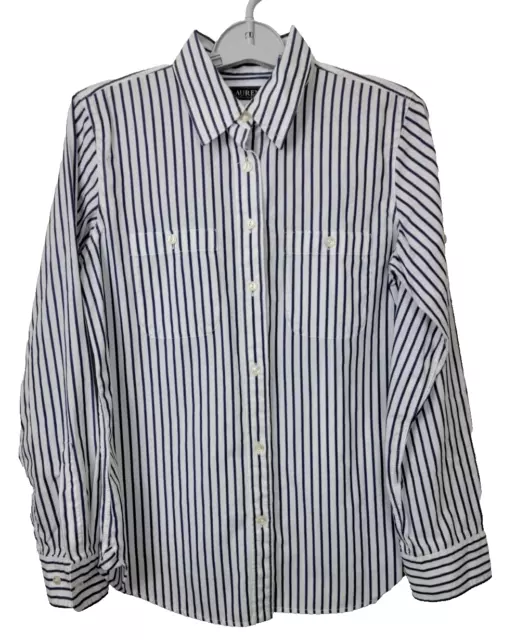 Lauren Ralph Lauren Women's Blue White Striped Long Sleeve Button Front Shirt XS