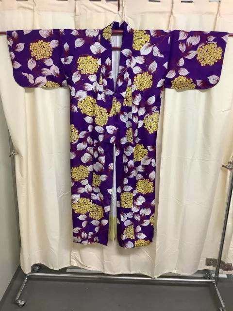 Japanese Vintage Kimono pure silk purple hydrangea stain length 52.75 inch used