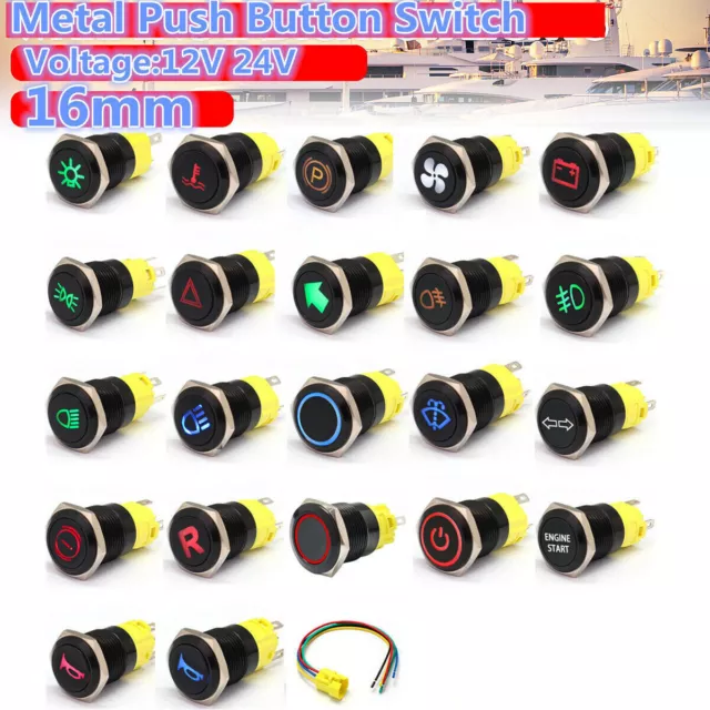 16Mm 12V-24V Car Led Power Push Button Momentary Switch Metal On/Of Waterproof