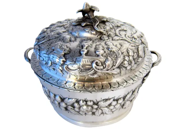 Ca 1870 Kirk & Son Heavy Coin Silver Ornate Repousse Covered Dish