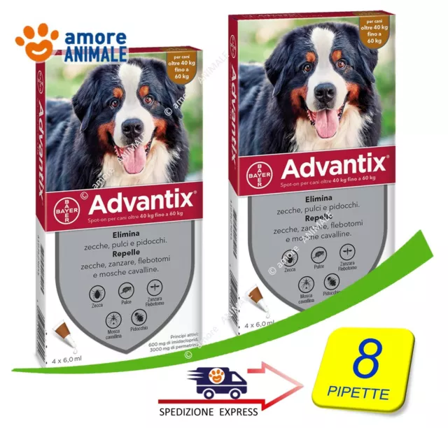 2 CONFEZIONI - Advantix Bayer 4 pipette per Cani 40-60 kg / oltre 40 fino 60 kg