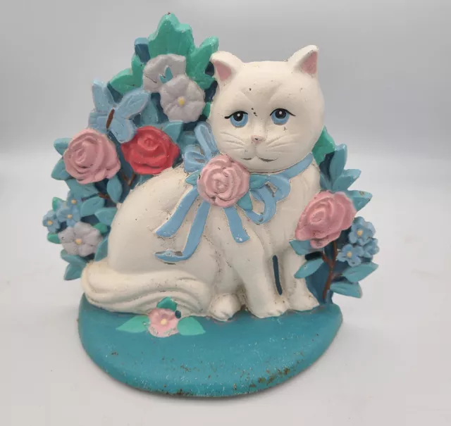 Vintage Kurt Adler Cast Iron Door Stopper White Kitten Cat with Butterflies