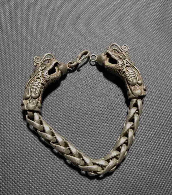 China Old Handwork Tibet Silver Carve dragon Adjust Pair Bracelet A3