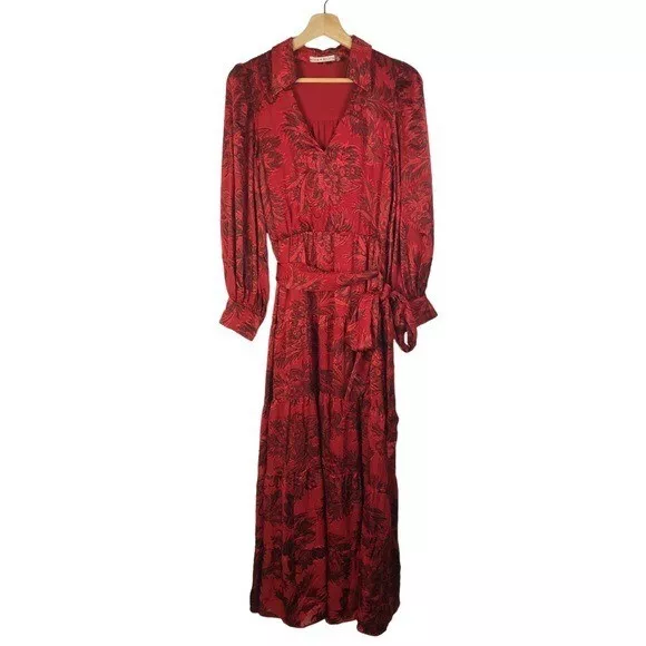 Alice + Olivia Sitara Red Floral Collared Puff Long Sleeve Maxi Dress 4 3