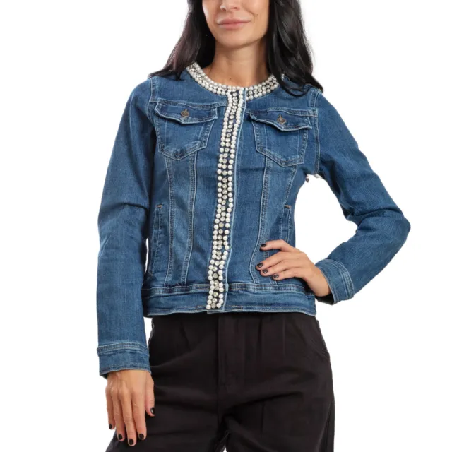 Giubbotto donna giacca jeans denim giacchetto giubbino perle TOOCOOL SA6612