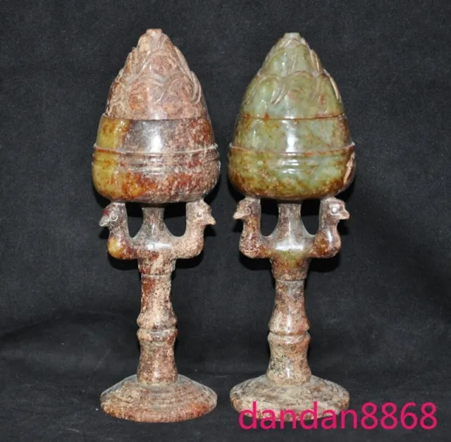 7.8" China Hetian jade Ancient fengshui bird boshan Incense burner Censer pair