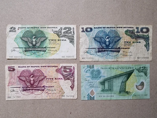 4x Papua New Guinea PNG Banknotes 1975  - 2008 notes 2, 2, 5 & 10 Kina