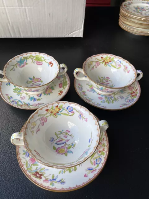 Set of 3 Mintons England Porcelain Bouillon Cup And Saucer Cuckoo Pattern 3934