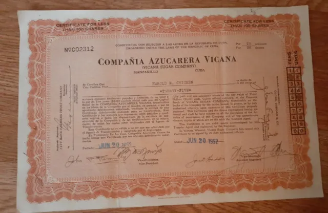 MEXICO  SUGAR - Compania Azucarera Vicana 25 SH,  1952