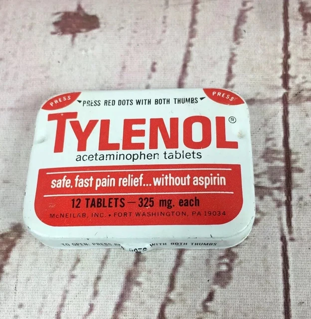 VINTAGE TYLENOL ACETAMINOPHEN tin, metal, McNeil Lab Expiration Stamp