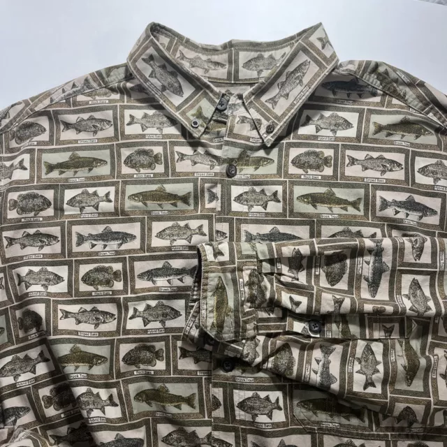 VINTAGE WOOLRICH OLIVE Fly Fishing Fish Button Down Shirt Mens