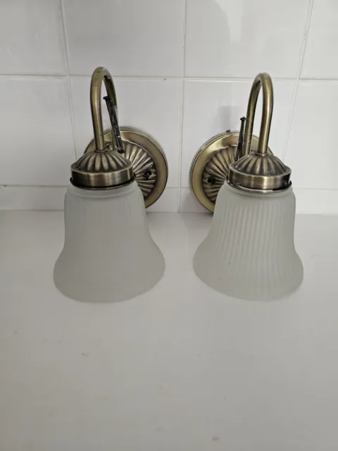 2 VINTAGE WALL LIGHTS  MATCHING Frosted  BRASS & GLASS SCONCES