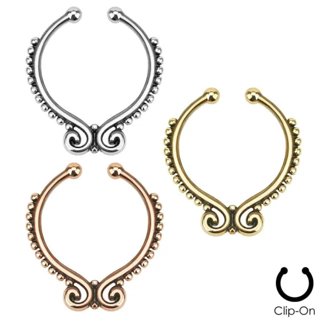 Clip On Fake Septum Clicker Non Piercing Nose Ring Hoop Rose Gold Plated Silver