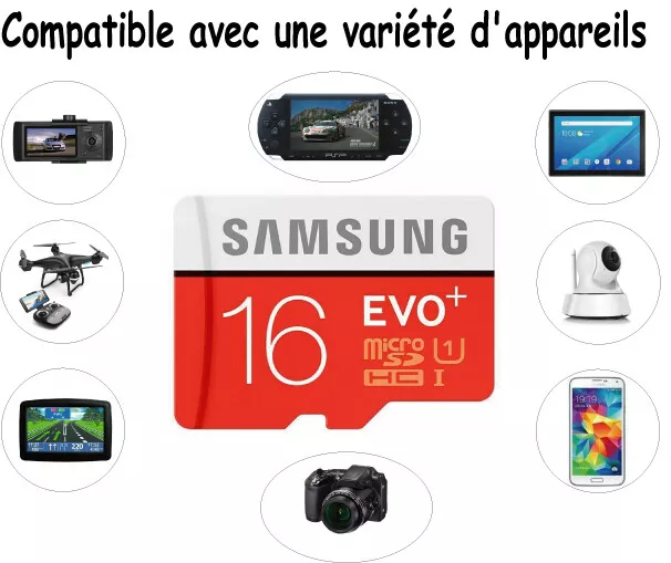 Carte Mémoire Micro SDHC Classe 10 Samsung Evo Plus 16 Go 4k HD avec Adaptateur 3