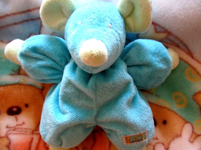 doudou peluche tartine et chocolat souris bleue verte très bon état vintage 27cm