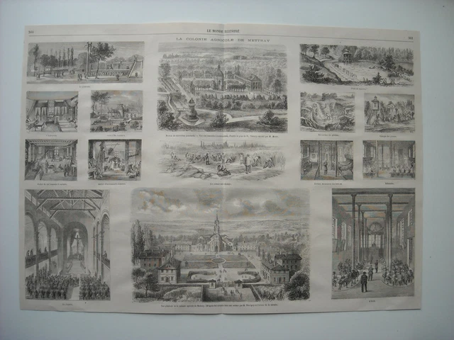 Gravure 1865. La Colonie Agricole De Mettray. 15 Gravures Avec Explicatif Au Dos
