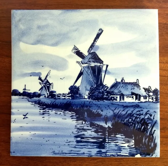 Vintage Hand-Painted Blue Delft Tile w/ Dutch Windmills & Houses on Canal 6” Sq.