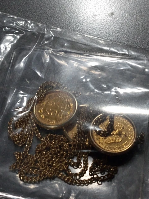 1945 MEXICAN 3 DOS PESOS GOLD COINS W Bezels 18k Chain 9.9 Grams Total Weight