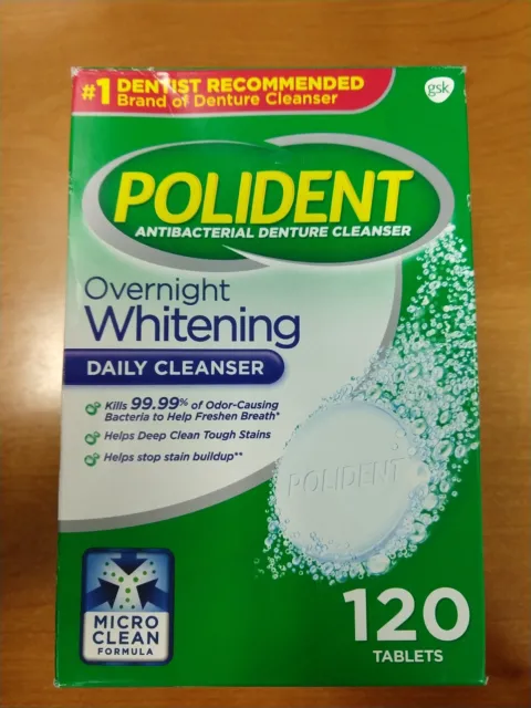Limpiador dental antibacteriano blanqueador nocturno Polident 120 quilates expiración 9/24 E5D