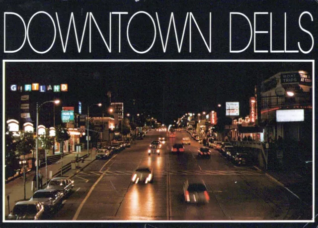 Vintage Postcard Continental Size Night Street Scene Downtown Wisconsin Dells