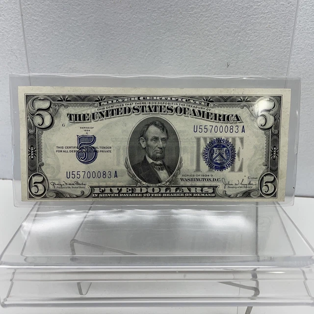 1934-D SERIES $5 Silver Certificate-AU AU-Blue Seal U55700083A
