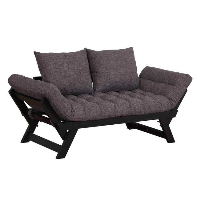 HomCom Single Sofa Bed 64.5" Oakwood Frame Black Chenille w/ 3-Position Backrest