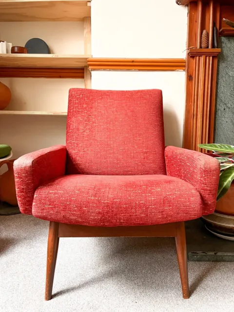 Mid century modern teak danish armchair, accent, pink-red retro vintage