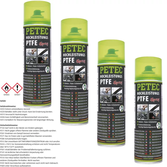 4x 500ml PETEC HOCHLEISTUNGS PTFE-SPRAY TRENNMITTEL GLEITMITTEL SCHMUTZABWEISEND