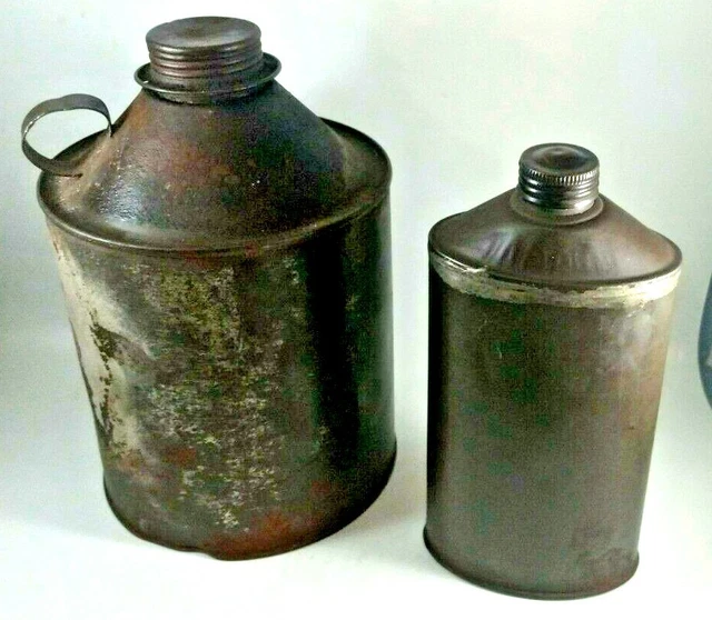 Vintage Metal Can Lot of 2- W/ Lids - OIL CAN & Beer / Soda Bottle