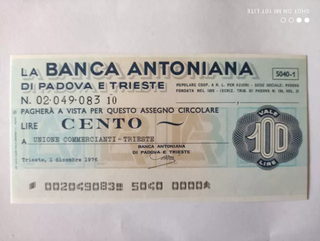 Miniassegni 100 Lire Banca Antoniana Di Padova E Trieste 1976 Fds 