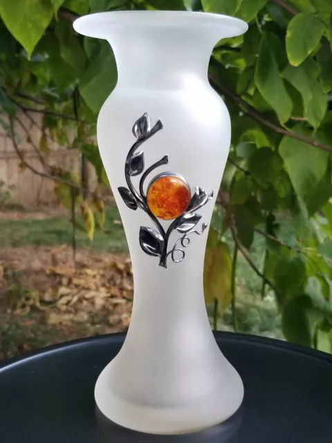Vintage Frosted Glass Vase Applied Sterling Silver Leaves Baltic Amber Cabochon