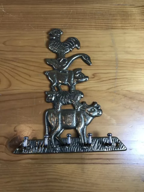 Brass Wall Hanging Key Hook Cow Sheep Pig Duck Rooster Farm Yard 5 Animals Barn