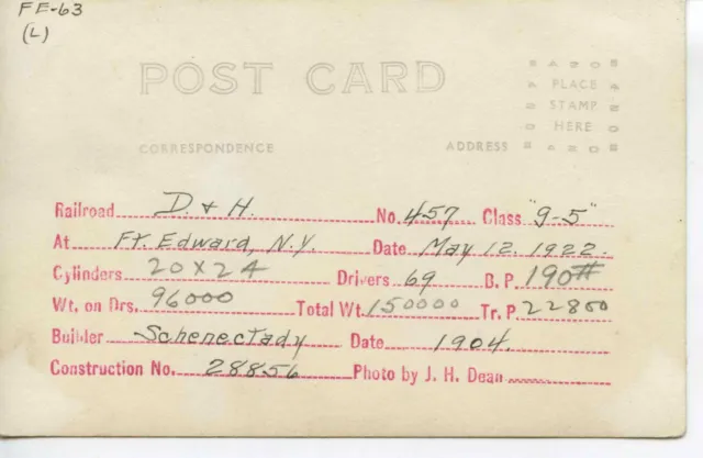 1F405 Rppc 1922 Delaware & Hudson Railroad Camelback Loco #457 Fuss Edward Ny 2