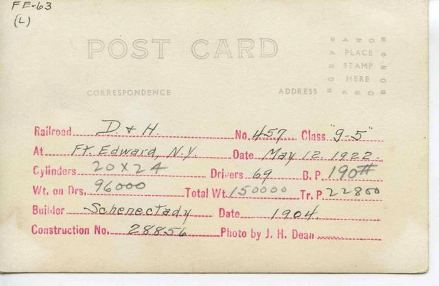 1F405 Rppc 1922 Delaware & Hudson Railroad Camelback Loco #457 Fuss Edward Ny 2