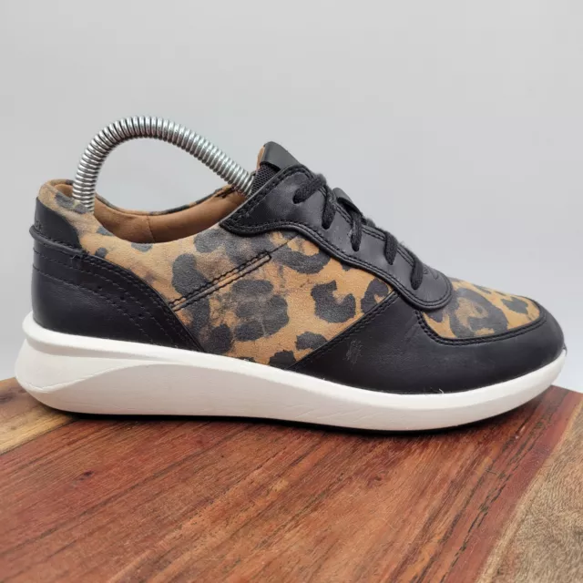 CLARKS UN RIO Sprint Shoes Women's 7M Black Tan Leather Leopard Comfort ...
