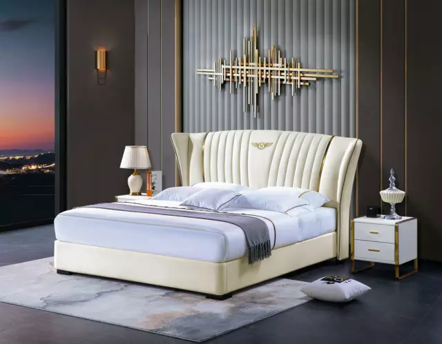 Lit Chambre Table de Chevet Complet Set Ensemble 3tlg. Bois Cuir Lits Nouveau