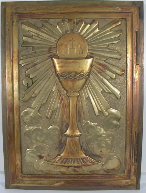 Antique Religious Church Altar Bronze Brass Frame Chalice Door Tabernacle