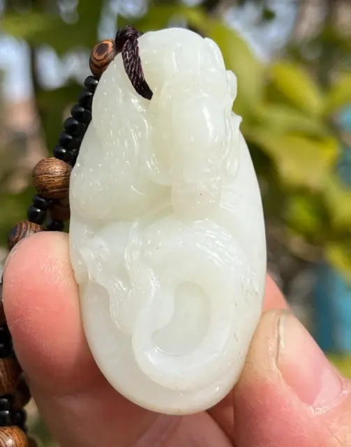 CERTIFIED 45g 100% NATURAL HOTAN WHITE RIVER JADE HAND CARVED DRAGON PENDANT