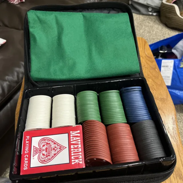 Texas Hold’Em Poker Set Maverick Tournament Card Deck Chips Zip Case