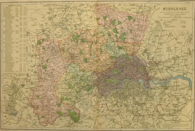 1896 County Map Middlesex London Harrow Enfield Hampton Fulham Hampstead