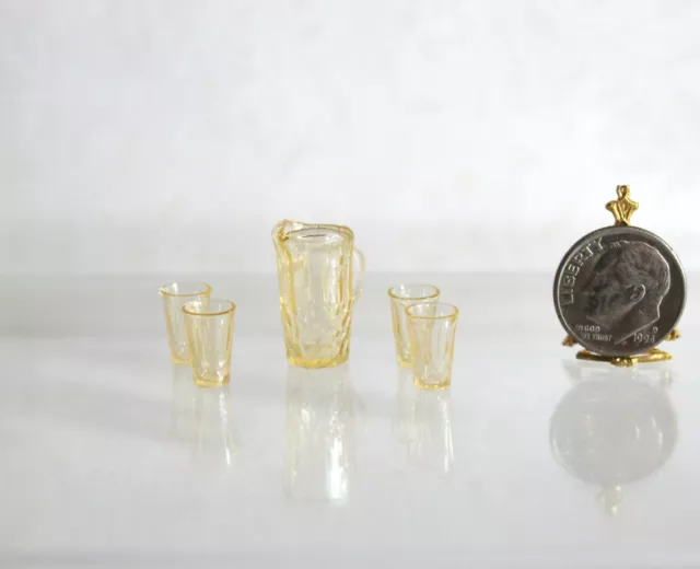 Dollhouse Miniature Pale Amber Plastic Chrysnbon Pitcher & 4 Glasses