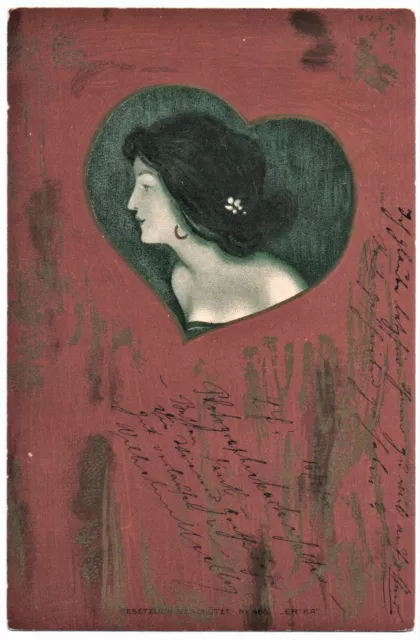 alte Jugendstil-Litho-Ak , Schöne junge Frau,  gelaufen 1900