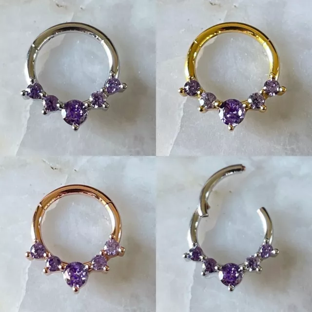 5 x Violet Purple Gem Hinged Septum Clicker Daith Rook Ear Ring 1.2mm 8mm