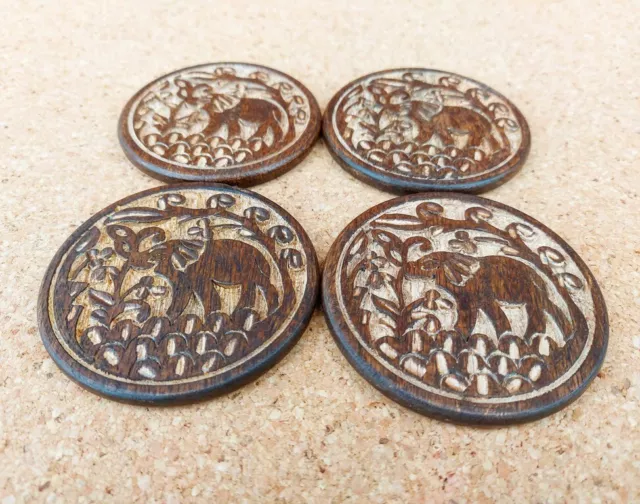 Mango Wood 4 x Round Drinks Coasters with a Hand-Carved Indian Elephant Pattern