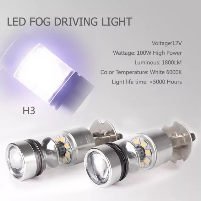 2pcs H3 100W Daytime Running LED DRL Fog Light Bulbs Driving Lamp White 6000K UK