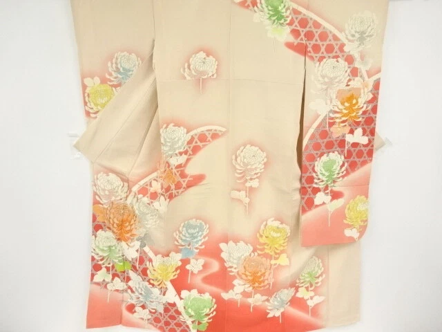 37315# Japanese Kimono / Antique Furisode / Embroidery / Kiku